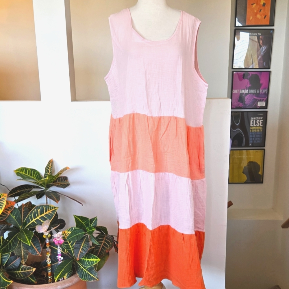 DAVI & DANI Cotton Gauze Color Block Scoop Neck Sleeveless Midi Sundress Size 1X